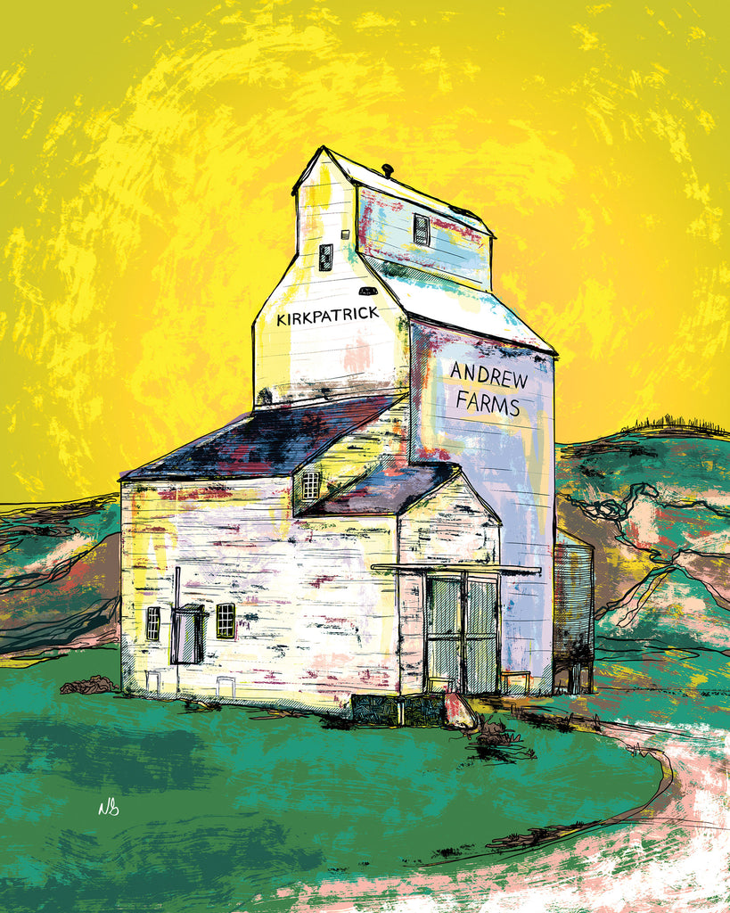 Andrew Farms Grain Elevator – Take home this cool and colourful piece of Canadiana! Andrew Farms grain elevator was built 100 years ago and still stands on its originally built location just north west of Drumheller, Alberta Canada.

I wanted to draw a grain elevator for a long time and my great friend gave me the idea to draw this landmark barn. This print would look great on any wall and I hope you like it! Nate
