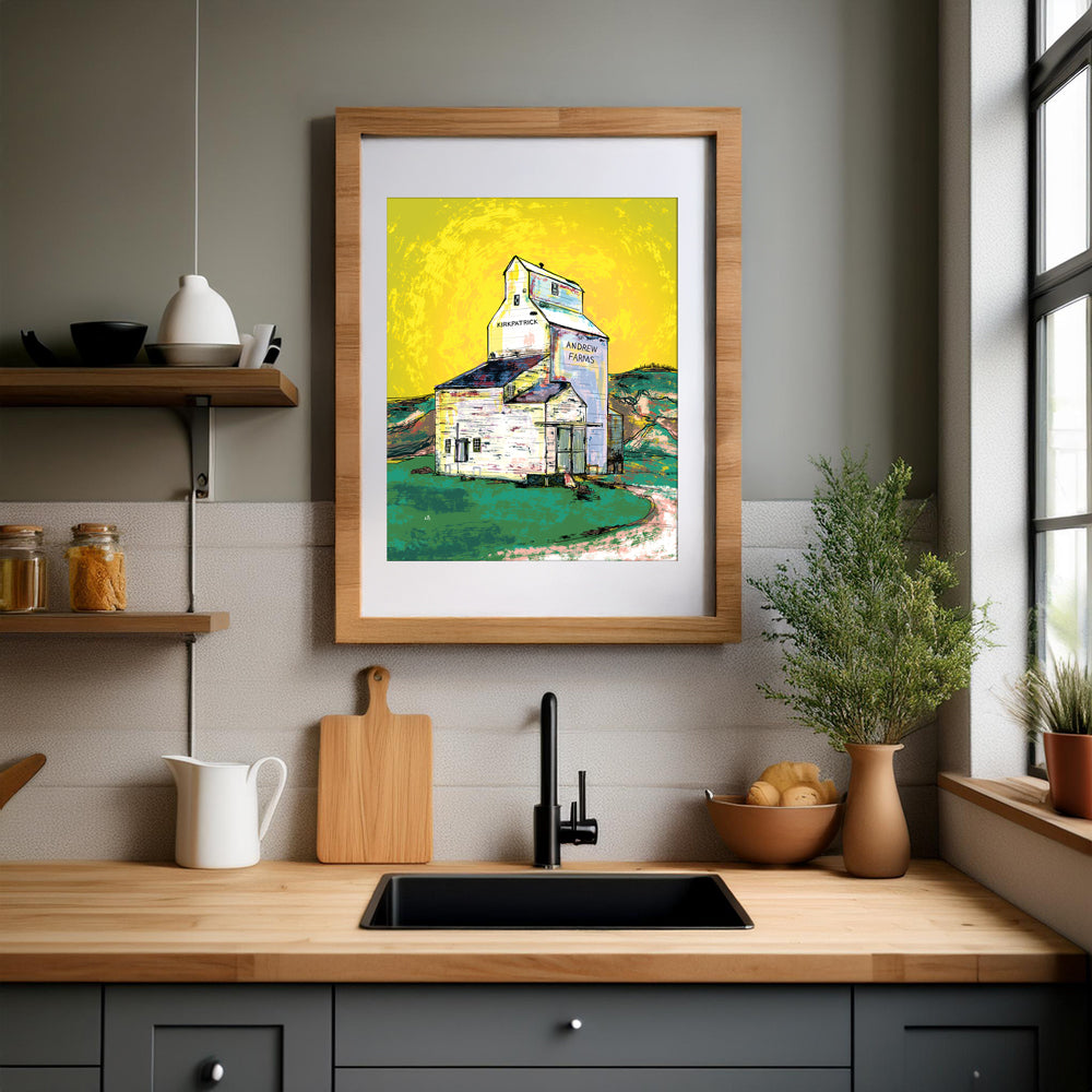 Andrew Farms Grain Elevator print frames and hung beautifully in a modern kitchen. Digital Artwork by Nathan Gowsell Creative