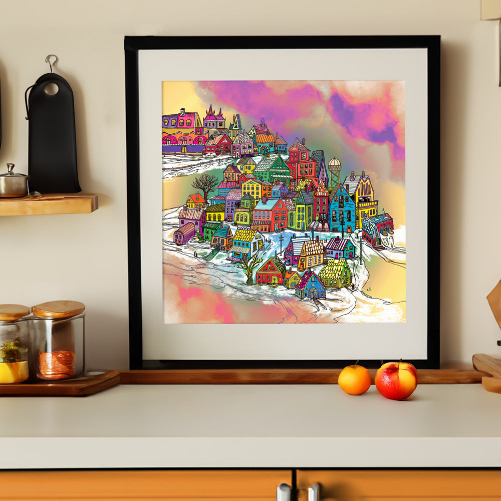 12x 12 print - In My Dreams digital painting by Nathan Gowsell Creative framed and displayed in a modern kitchen
