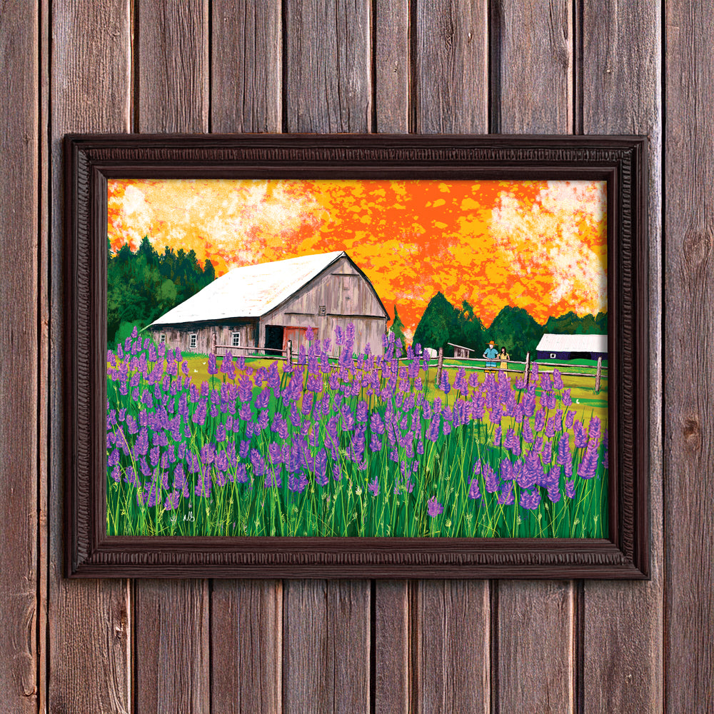 Lavender Fields Forever Artwork by Nathan Gowsell Creative framed and hung on a rustic barn wall. 