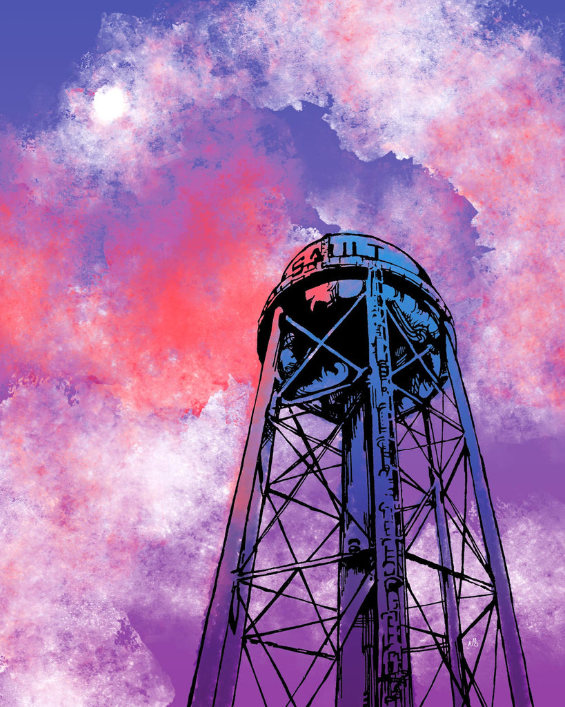 Moonlight Water Tower. One of my first, and most popular digital illustrations is of the Long Sault Water Tower in Ontario, Canada. This new Moonlight Water Tower artwork is a new and fun variation on the original piece. Whimsical and colourful it might look great on your wall! 
