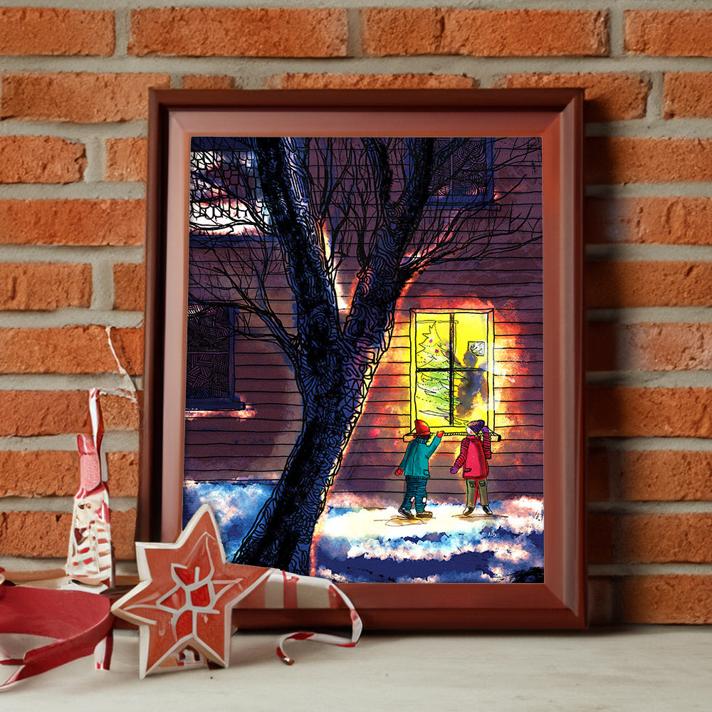 Rascals print  by Nathan Gowsell frame in a Christmas home