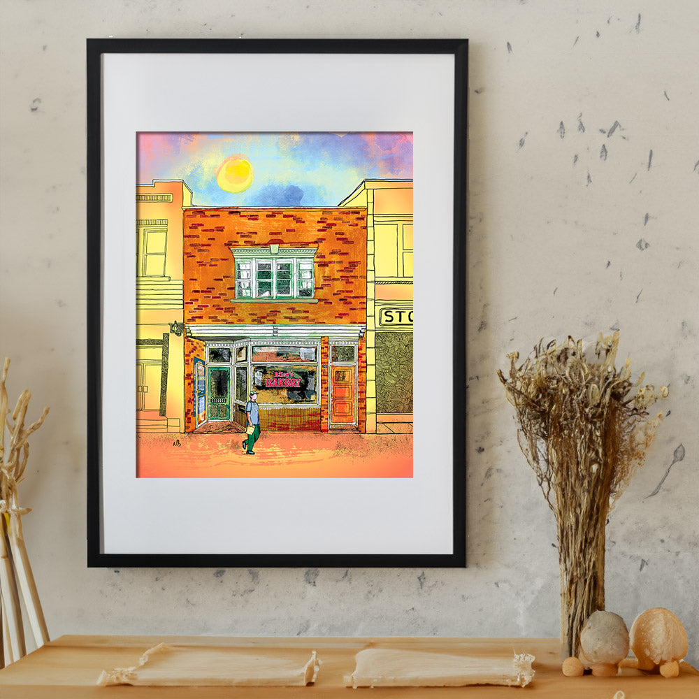 Riley's Bakery - digital art byy Nathan Gowsell. Frames and hung on wall.