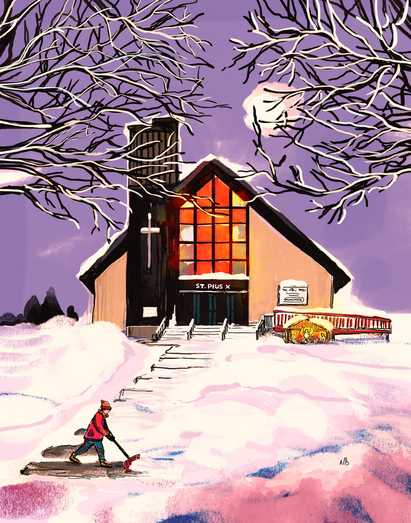 Digital Artwork "Shovelling the Church Steps" by Nathan Gowsell Creative. High Quality Art Print