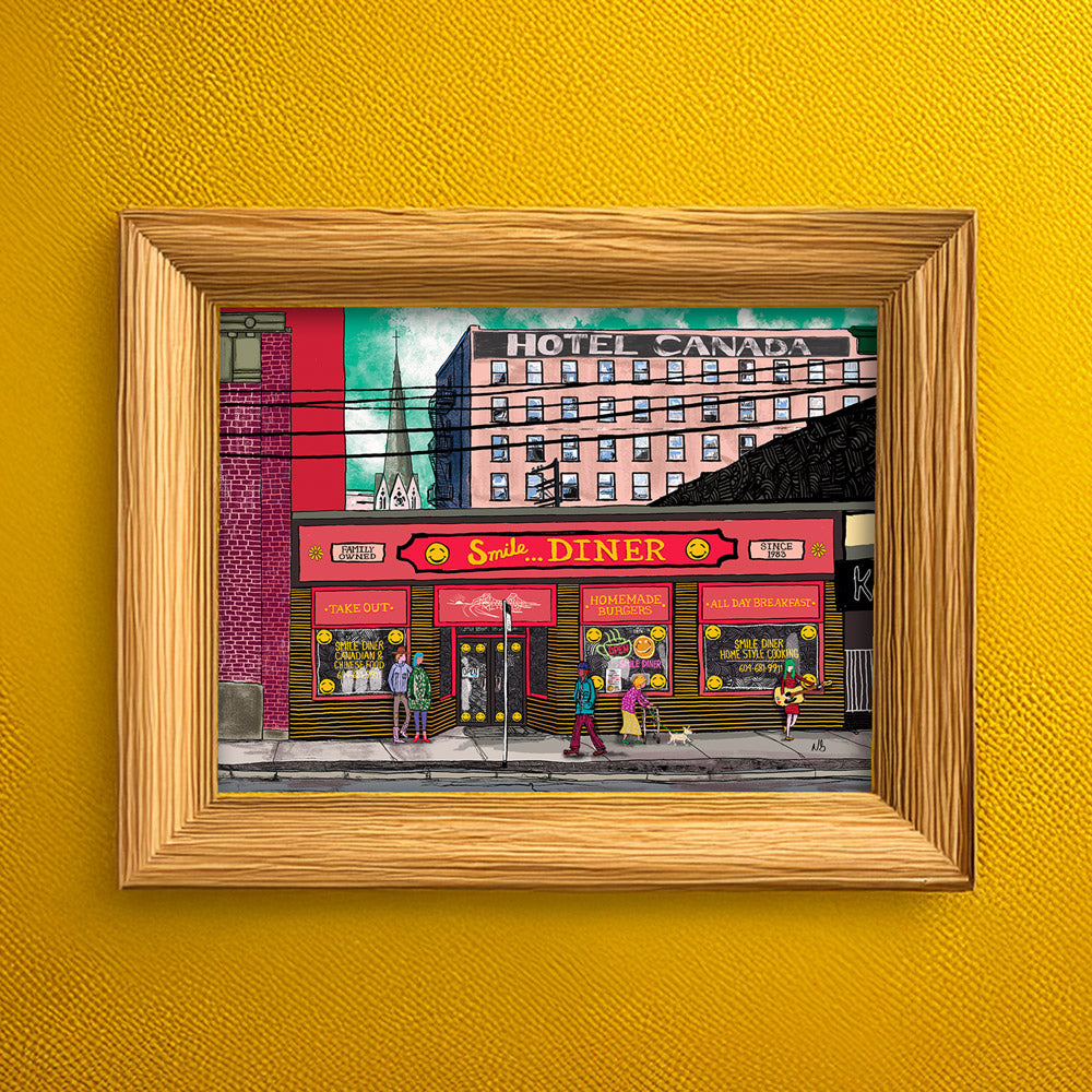 Smile Diner Artwork by Nathan Gowsell Creative framed and hung on a rustic barn wall. 