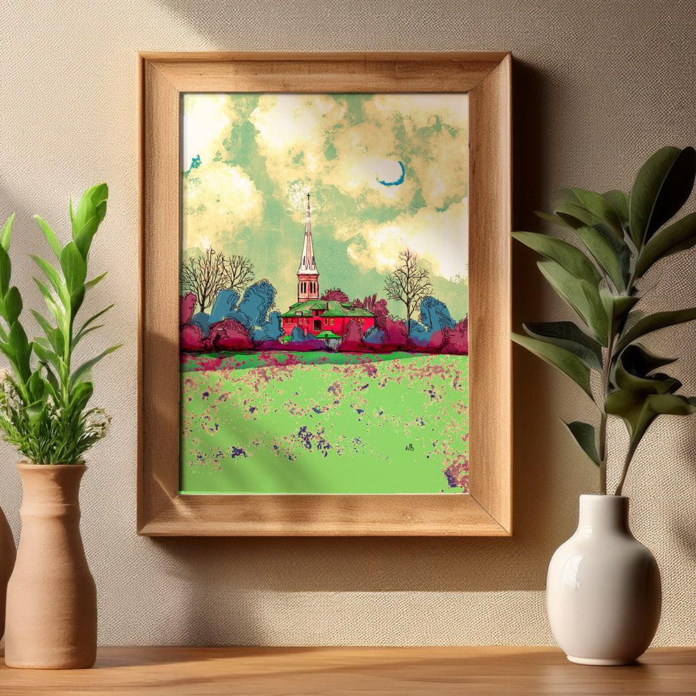 St. Andrews West Artwork by Nathan Gowsell Creative framed and hung on a living room wall. 