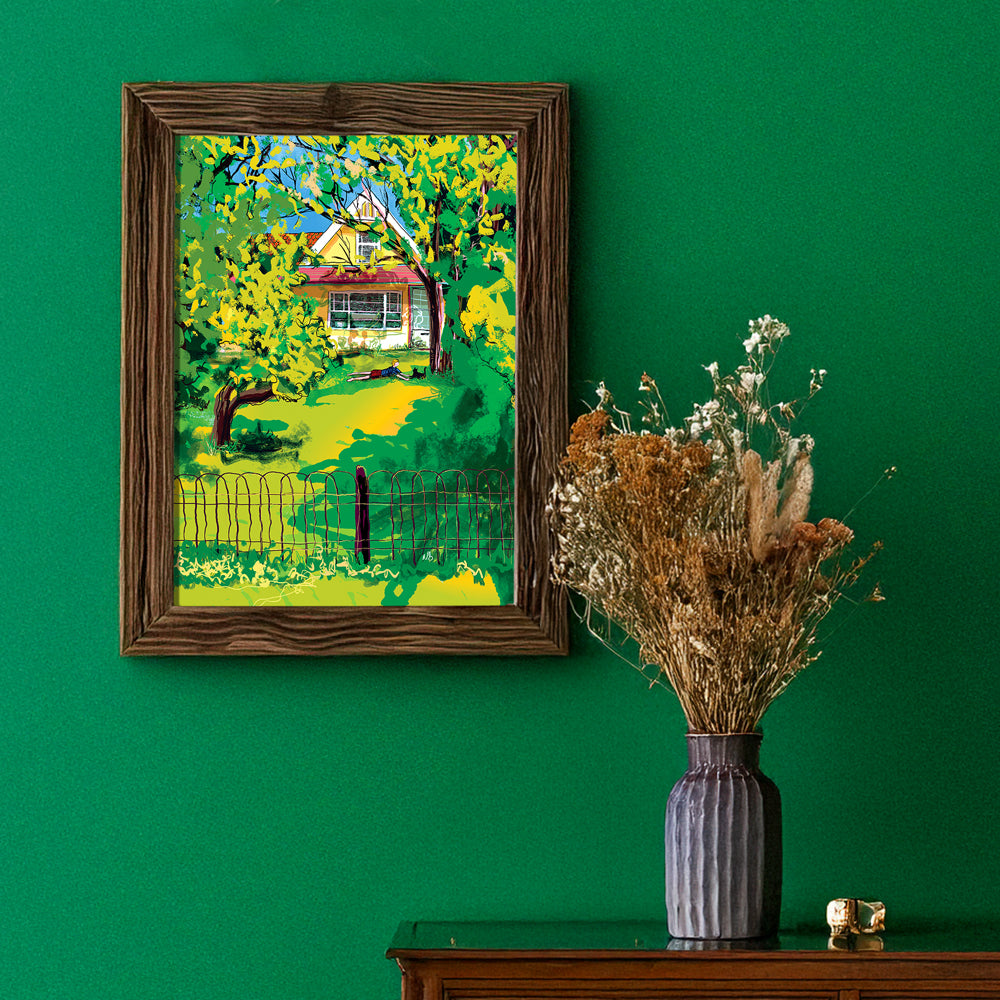 The Kitty Whisperer Artwork by Nathan Gowsell Creative framed and hung on a living room wall. 