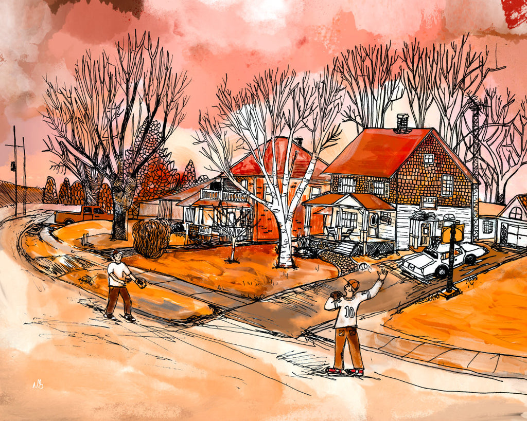 Mille Roches Spring Training digital artwork. Art depicts Mille Roches road in Long Sault, Ontario, with two children playing catch with a baseball in front of neighbourhood homes.