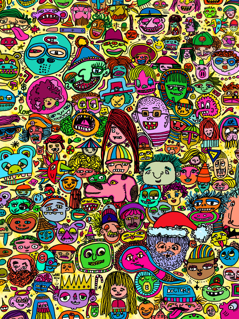 For as long as I can remember I've loved to draw cartoon characters and funny weirdo faces. Drawing from my imagination this colour doodle art piece titled "Faces in Funny Places" is a highly detailed and very fun and weird drawing! If you like cartoons like I do this would be a great print for your home, and your kids might love it too.