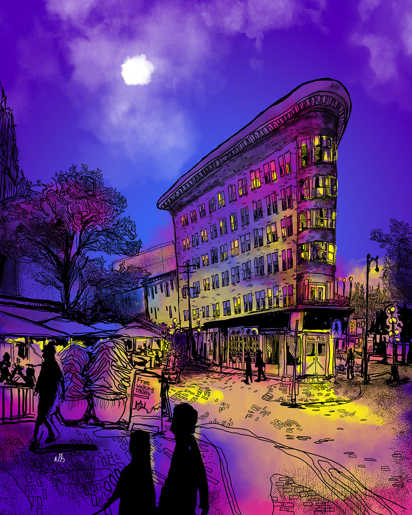 Summer nights in Gastown... Here is a drawing of Hotel Europe. This historic Vancouver, BC landmark was built in 1908 and is the first reinforced concrete structure to be built in Canada. Thanks for the drawing idea Rhonda Trenholm!
