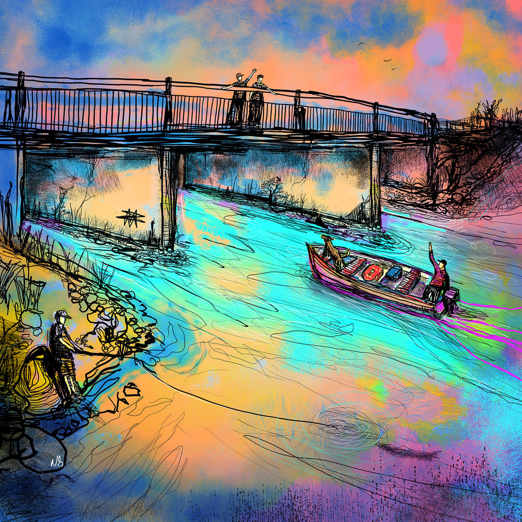 The Good Life digital art print. This endless summer doodle was drawn from memories of growing up in Long Sault, Ontario Canada. The location can be found on the causeway as you enter the Long Sault Parkway. For many people this has been a favourite fishing hole for years. 
