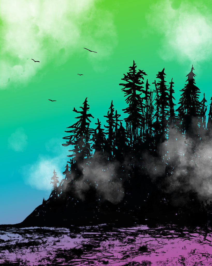 Whenever I visit the coast of British Columbia I like to bring my sketch book. Years ago when visiting Sechelt I did a quick drawing of the coast and forgot about it. Recently I was looking through old drawing and saw this one and decided to revisit it. The result is this dreamy West Coast digital art print.