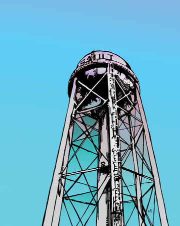 Long Sault Water Tower digital artwork. Art depicts the Long Sault water tower against a clear blue sky