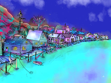 Crabtown - colourful digital artwork featuring a person fishing on a house lined dock near a boat