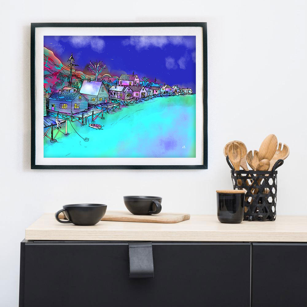 Crabtown framed print on a wall above a kitchen countertop