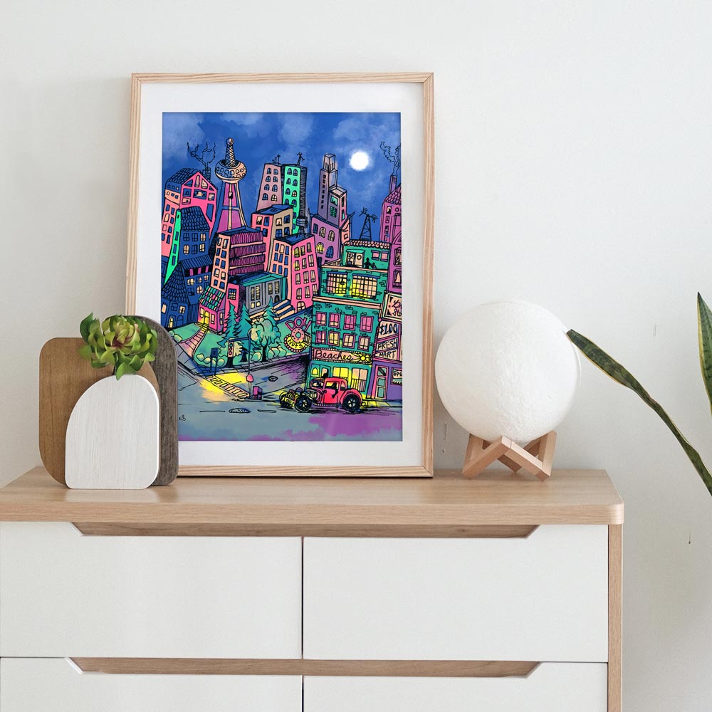 City Hot Rod illustration of a night cityscape, framed and atop a white dresser.