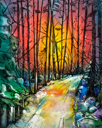 Winter digital artwork. Artwork depicts a snowy train through a tree lined forest. In the background is a warm sunset sky