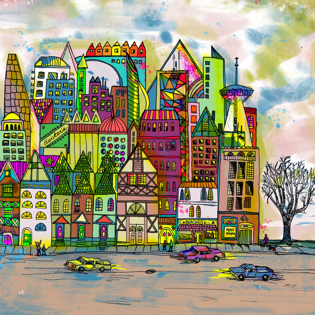 Street Dreams digital artwork. Street Dreams depicts a colourful, patterned cityscape, with a street foreground where three cars drive.