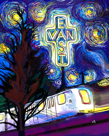 East Van Cross. A digital illustration of a Vancouver skytrain passing in front of the East Van Cross illuminated scupture, with a night sky reminicent of Van Goh's 'Starry Night'