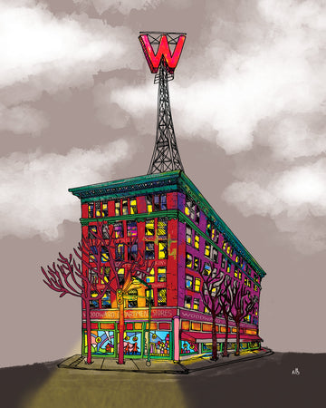 The W. Digital art print depicting a colourful interpretation of the historical Woodwards building in Vancouver, BC