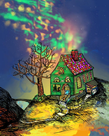 House on the Hill digital illustration. I've always enjoyed drawing houses and imagine where I could live in peace. Here is an example of a peaceful house I drew. :)