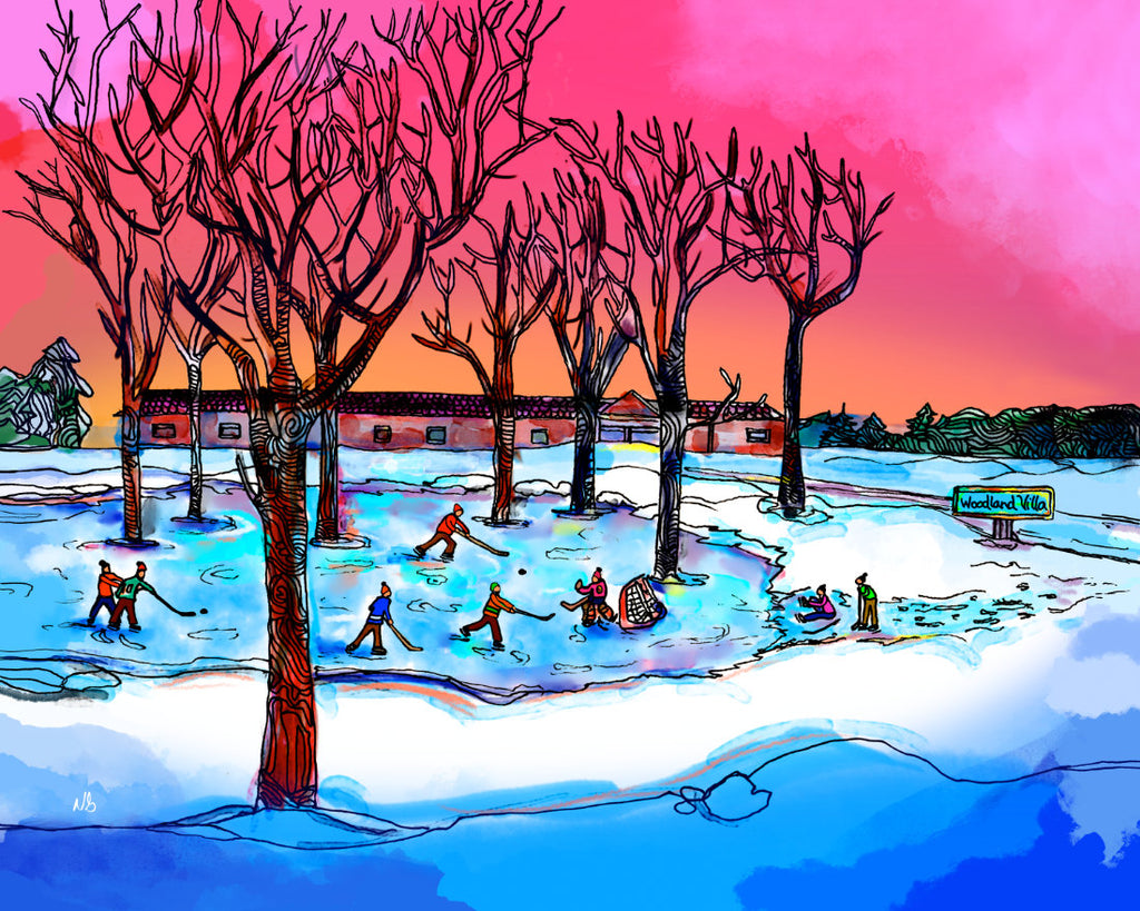 Woodland Villa Hockey digital artwork. Art depicts several children playing hockey on a frozen pond against a pink sky at sunset.