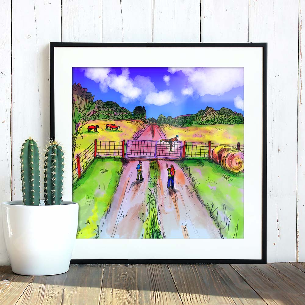 Chase Farm framed artwork on a table with cactus in the foreground