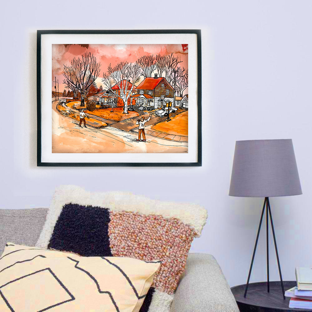 Mille Roches Spring Training framed print above a sofa