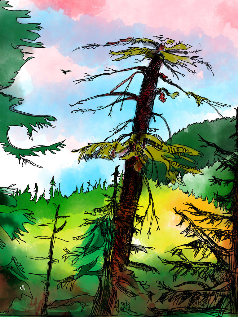 Cypress Mountain digital art print depicting a tall tree against a mountainous backdrop and a pink and blue sky
