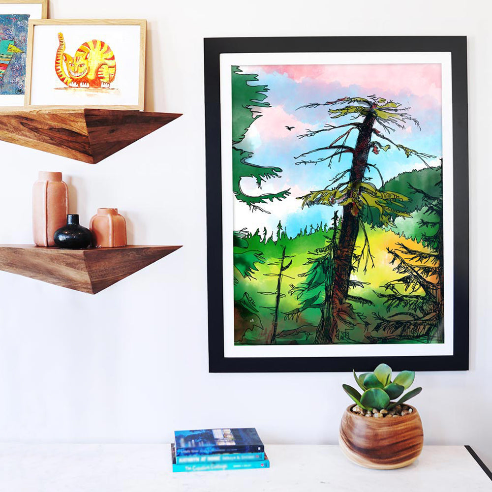 Cypress Mountain framed print on wall above table