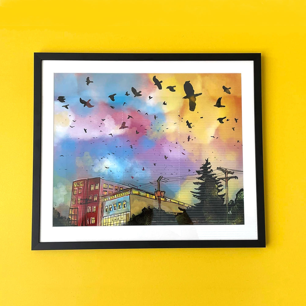 China Creek Crows matted and framed, hanging on a yellow wall.