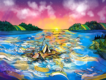 Long Sault Rapids digital artwork. Art depicts a wooden raft with a small tent being navigated by two men with long rods that stand atop the raft. The background shows several islands and a sunset on the choppy water. 