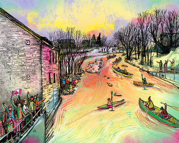 Every year hundreds of people compete in one of Eastern Ontario's famous races, the Raisin River Canoe Race. In honour of the races 50th year, I decided to do a drawing of the famous canoe race. Drawn from one of it's popular vantage points in Martintown, Ontario Canada. A great tradition and a fun colourful drawing to capture it.