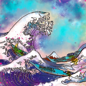 The Great Wave digital art by Nathan Gowsell. Here is a drawing I did as an interpretation of one of my most favourite paintings called The Great Wave. One painting from a series called Thirty-Six Views of Mount Fuji by Japanese artist Hokusai. A master woodblock artist and print maker, Hokusai has been called the father of manga and produced in his lifetime 30,000+ sketches, paintings, prints and picture book images. Cool dude!