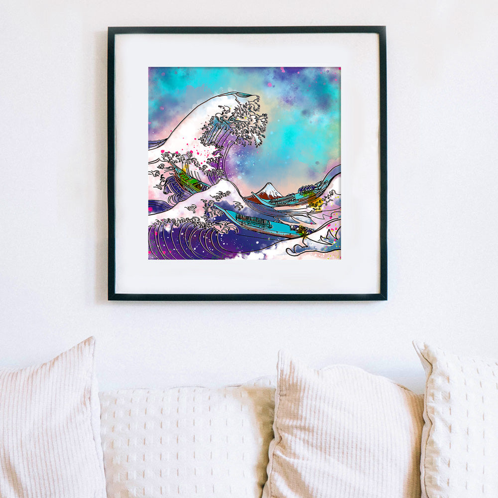 The Great Wave frames and hung on a living room wall